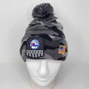 Philadelphia 76ers Camo Beanie Salute Hat‎ NBA Basketball Sixers Fleece Pom